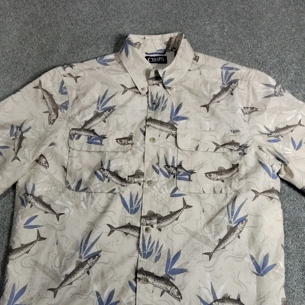 Chaps Shirt Mens M Beige Fish Print Short Sleeve Button  Casual Fishing Outdoor